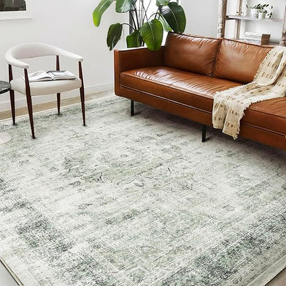 CHAMPLANT Washable Area Rug 10'x14' Floral Green Boho Design Non-Shedding Easy Care Ideal for High Traffic Areas in Living Room Bedroom Office Coffee Table Kitchen Large Carpet