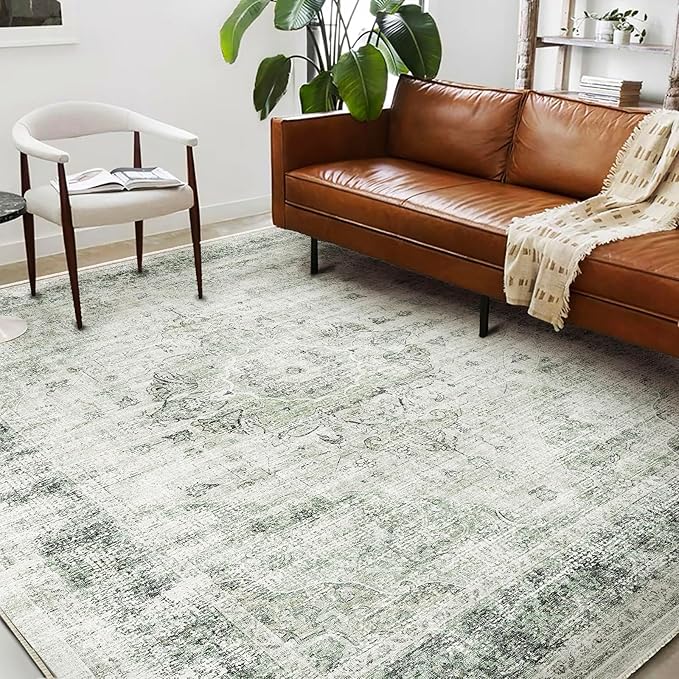 CHAMPLANT Washable Area Rug 8'x10' Floral Green Retro Boho Design Non-Shedding Non-Slip Easy Care Ideal for High Traffic Areas in Living Room Bedroom Office Coffee Table Kitchen Large Carpet
