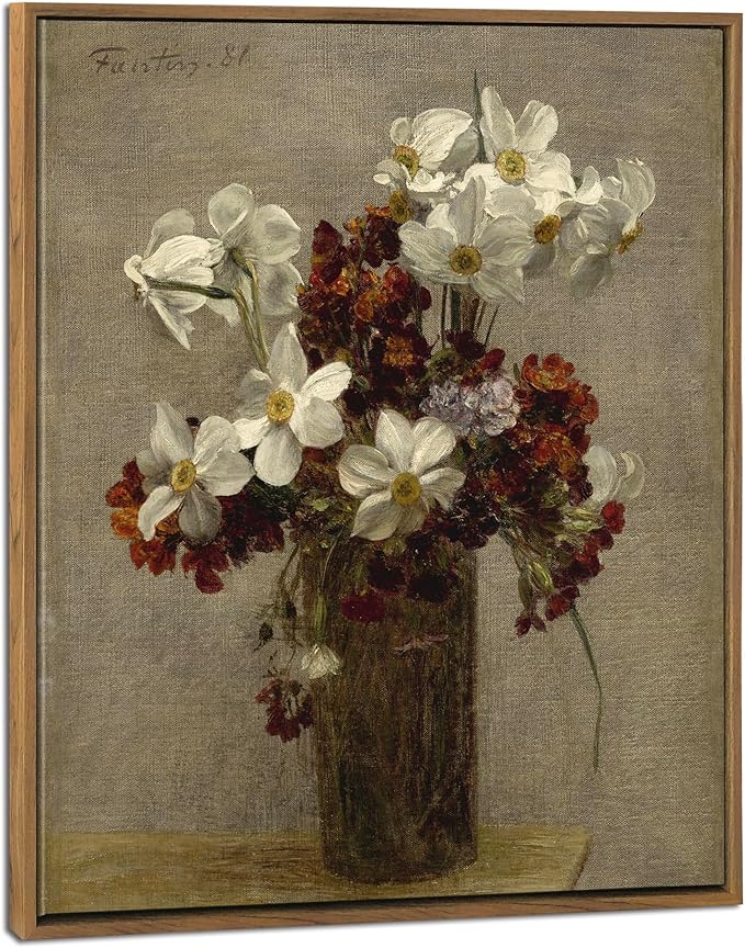 Pyradecor Vintage Wall Art Retro Large Framed Living Room Decor Narcisses Flowers in Vase Canvas Prints Classical Floral Painting for Kitchen Farmhouse Office Decorations AH1111-5060NW