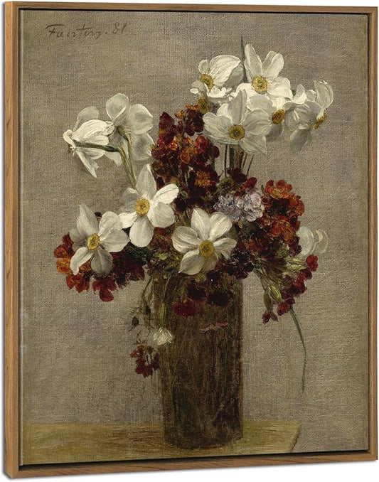 Pyradecor Vintage Wall Art Retro Large Framed Living Room Decor Narcisses Flowers in Vase Canvas Prints Classical Floral Painting for Kitchen Farmhouse Office Decorations AH1111-5060NW