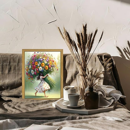 Wood Framed Pink Wildflower Canvas Wall Art, Girl Hugging Flowers Poster Prints Paintings, Teen Girls Preppy Bedroom Decor, Green Room laesthetic Picture for Kids Room Hallway Living Room 8x10 Inch