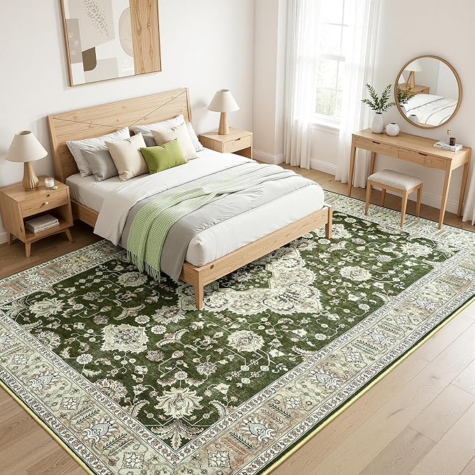 Maxsoft Area Rugs for Living Room Bedroom, 4x6 Dark Green Washable Rug with Rubber Backing, Non-Slip and Stain Resistant Soft Throw Indoor Carpet for Dining Room Office Kitchen Dorm Home Decor