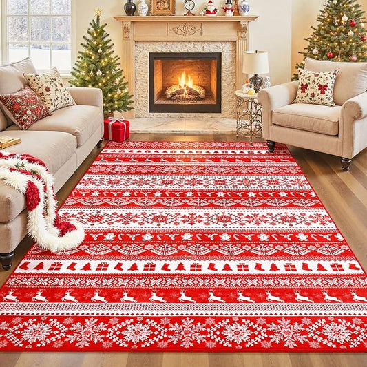 Soft Area Rugs for Living Room, 4x6 Vintage Washable Snowflake Print Carpet, Non Slip Low Pile Soft Modern Red Bedroom Home Decor Rugs for Bedside, Kids Room, Office, Dining Room, Nursery, Red
