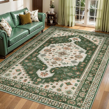 Tangsoo Washable 5x7 Area Rug for Living Room,Vintage Non Slip Large Rugs Green Beige Non-Slip Floral Carpet,Boho Oriental Low Pile Foldable Floor Rug for Bedroom Dining Room Home Office