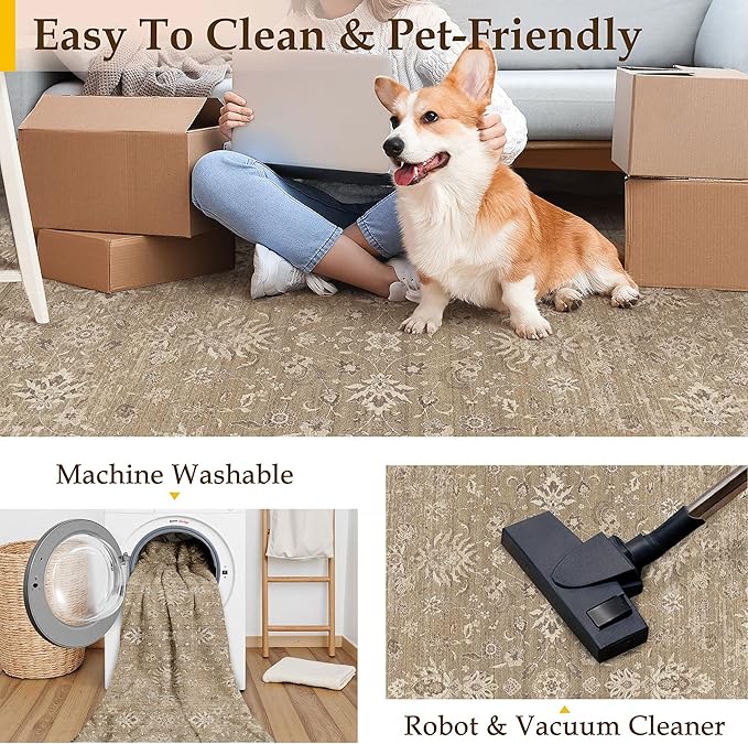 PureCozy 2x3 Area Rug Brown Washable Entryway Vintage Carpet Door Mat Small Non Slip Stain Soft Resistant Low Pile Thin Boho Accent Indoor Throw Rug for Kitchen Bathroom Entrance Bedroom