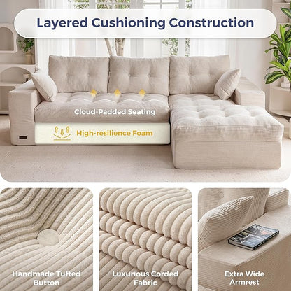 MAXYOYO 104" L Shaped Modular Sectional Sofa with Ottoman, Cloud Boneless Couch with Layered Cushion, Upholstered Sofa Flexible Module Combination for Living Room, No Assembly, Beige