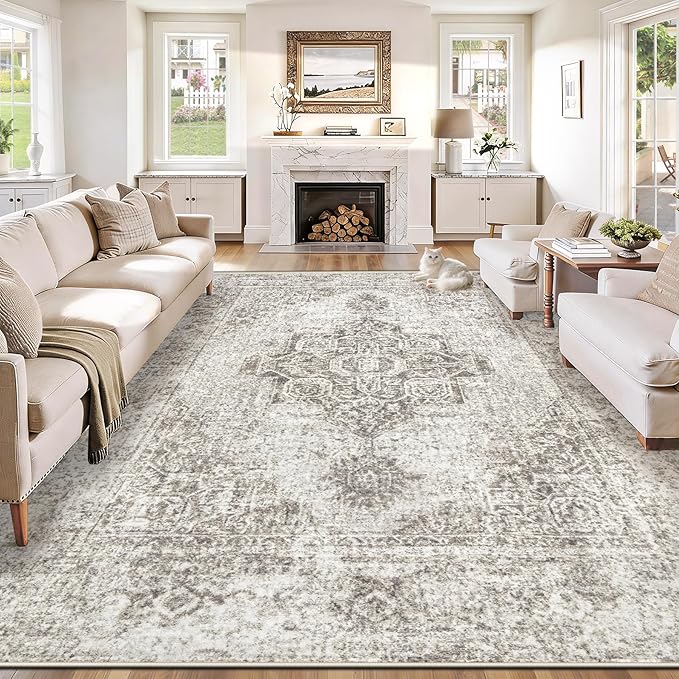 9x12 Area Rugs for Living Room, Washable Vintage Boho Medallion Rug Non Slip Low Pile Floor Carpet for Bedroom Dining Room Home Office (Taupe, 9'x12')