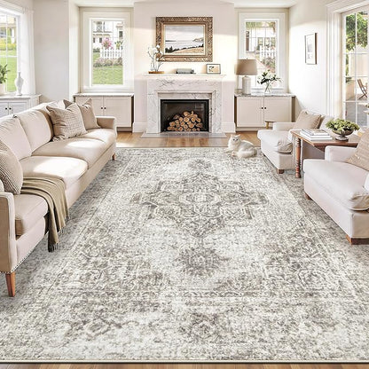 9x12 Area Rugs for Living Room, Washable Vintage Boho Medallion Rug Non Slip Low Pile Floor Carpet for Bedroom Dining Room Home Office (Taupe, 9'x12')