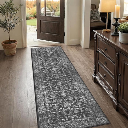 2x8 Black Runner Rug Hallway Washable Area Rugs Kitchen Vintage Boho Non Slip Long Rug Floral Carpet Indoor Retro Soft Low Pile Throw Rug for Bedroom Bathroom Laundry Dining Living Room Office