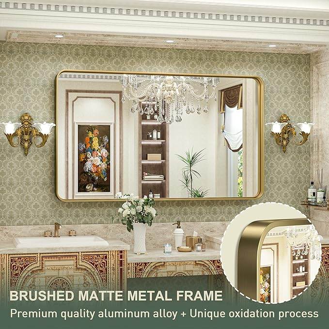 TokeShimi Gold Bathroom Mirror for Wall 48 x 30 Inch Metal Rounded Corner Rectangle Mirror Wall Mirror in Aluminum Alloy Metal Frame Deep Set Design Hangs Horizontal Or Vertical