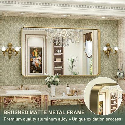 TokeShimi Gold Bathroom Mirror for Wall 48 x 30 Inch Metal Rounded Corner Rectangle Mirror Wall Mirror in Aluminum Alloy Metal Frame Deep Set Design Hangs Horizontal Or Vertical