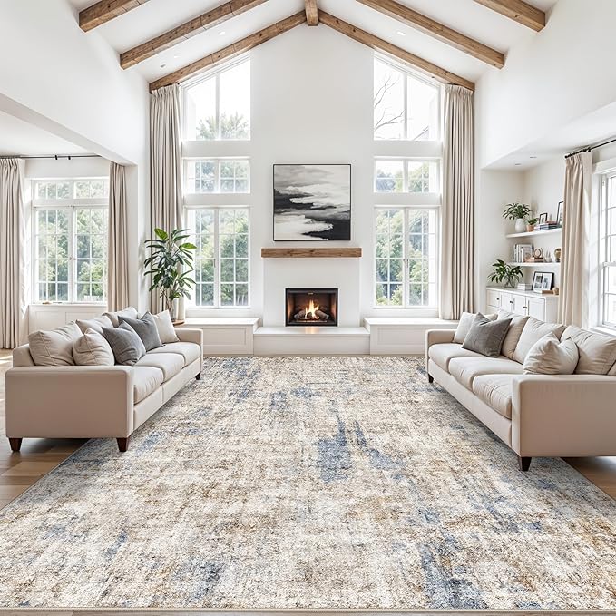 12x15 Area Rug for Living Room – Large Modern Neutral Abstract Thin Washable Carpet, Soft Low Pile Non-Slip Stain-Resistant for Bedroom Dining Room Home Office（Blue Brown）