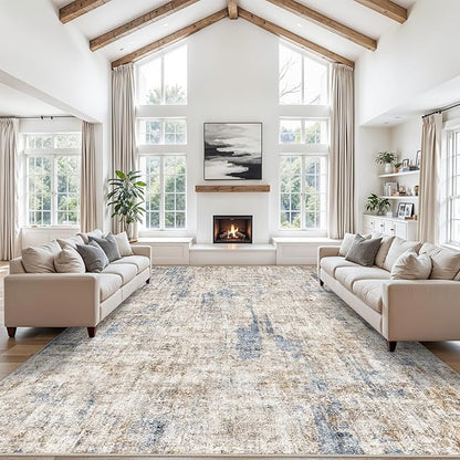 12x15 Area Rug for Living Room – Large Modern Neutral Abstract Thin Washable Carpet, Soft Low Pile Non-Slip Stain-Resistant for Bedroom Dining Room Home Office（Blue Brown）