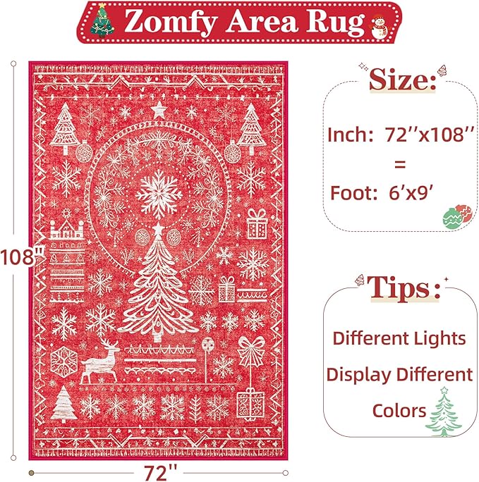 Christmas Area Rug for Living Room 6x9: Large Washable Xmas Rugs Boho Moroccan Holiday Rug Soft Non Slip Carpet for Bedroom Dining Table Home(Xmas Red, 6'X9')