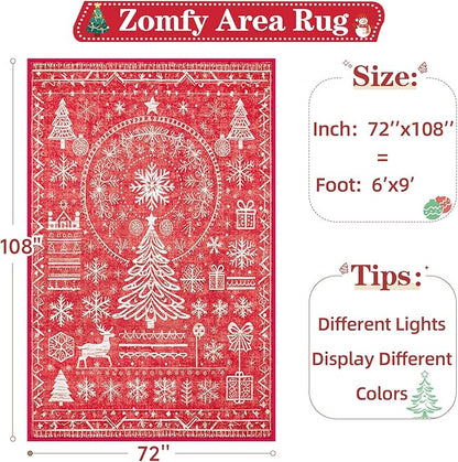 Christmas Area Rug for Living Room 6x9: Large Washable Xmas Rugs Boho Moroccan Holiday Rug Soft Non Slip Carpet for Bedroom Dining Table Home(Xmas Red, 6'X9')