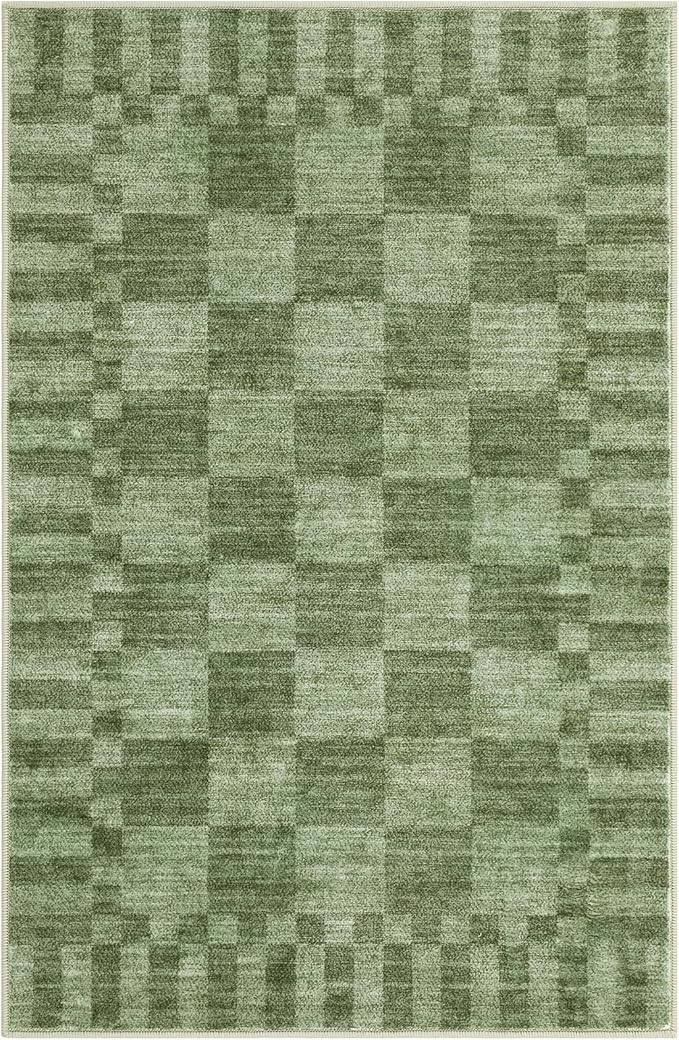 GarveeHome Moss Green Checkered Rug 2x3 Washable Rug Non-Slip for Entryway, Soft Low-Pile Small Area Rugs,Beige Neutral Modern Geometric Rugs for Kitchen