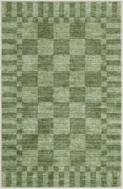 GarveeHome Moss Green Checkered Rug 2x3 Washable Rug Non-Slip for Entryway, Soft Low-Pile Small Area Rugs,Beige Neutral Modern Geometric Rugs for Kitchen