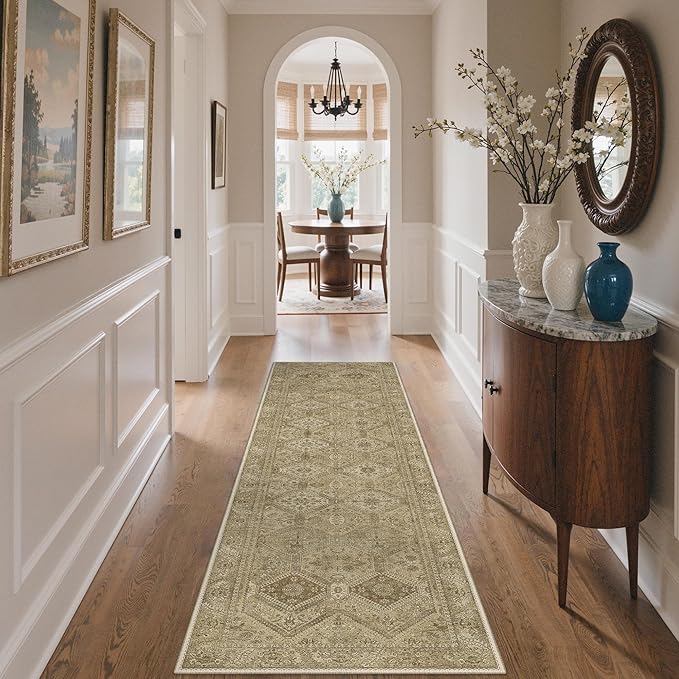 Bavni 2x5 Runner Rugs for Hallways Kitchen, Washable Rug Vintage Print Carpet, Low Pile Lightweight Mat with Non Slip Backing, Light Brown