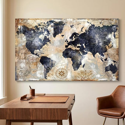 Framed Vintage World Map Canvas Wall Art Navy Blue and Tan Rustic Distressed Style Large Horizontal Print for living Room Bedroom Dining Office Home Artwork Size 36 x 70 in