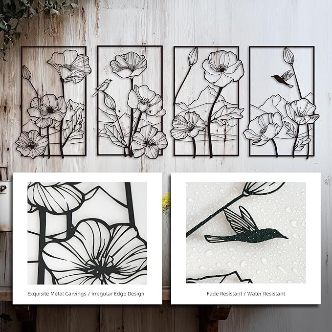 deeinglif Black Metal Wall Art Set of 4, 3D Metal Wall Decor for Living Room Bedroom Bathroom, Abstract Floral Mountain Nature Wall Sculptures, Modern Minimalist Iron Wall Art, 12 x 17 Inch