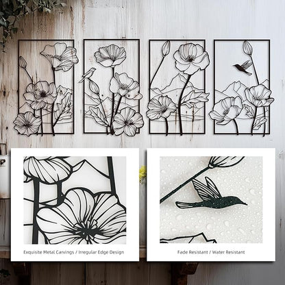 deeinglif Black Metal Wall Art Set of 4, 3D Metal Wall Decor for Living Room Bedroom Bathroom, Abstract Floral Mountain Nature Wall Sculptures, Modern Minimalist Iron Wall Art, 12 x 17 Inch