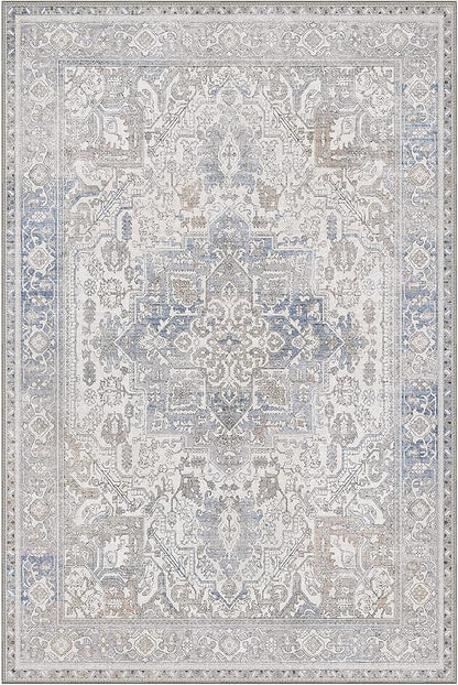 GENIMO 8x10 Area Rugs for Living Room, Machine Washable Non Slip Vintage Retro Rugs, Low Pile Lightweight Thin Print Rug for Bedroom, Dining Room, Home Office, Khaki Blue