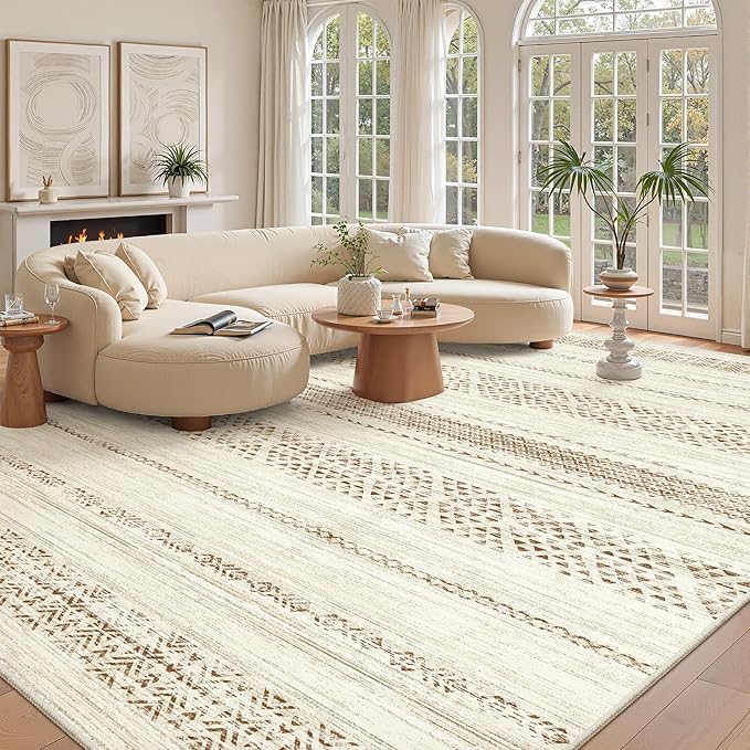 Miukiki 9x12 Area Rug for Living Room Moroccan Washable Rugs Non Slip Indoor Floor Carpet Foldable Large Soft Area Rug for Dining Room Bedroom with Low Pile(Brown,9'x12')
