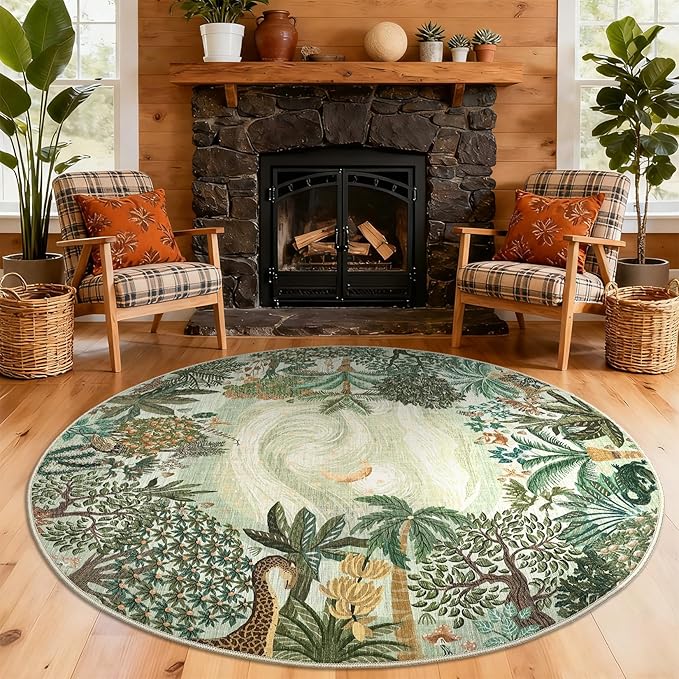 GarveeHome Round Area Rugs 8ft for Living Room, Large Green Jungle Washable Circle Rug Soft Non Slip Forest Animal Print Floor Mat Tiger Carpet Indoor Thin Rug for Bedroom Dining Room Playroom Nursery