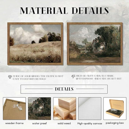Framed Vintage Landscape Wall Art Set of 2, Rustic Farmhouse Field Canvas Wall Decor Paintings, Retro Nature Country Artwork Prints Pictures for Living Room Bedroom Home Decor 12x16 Inch