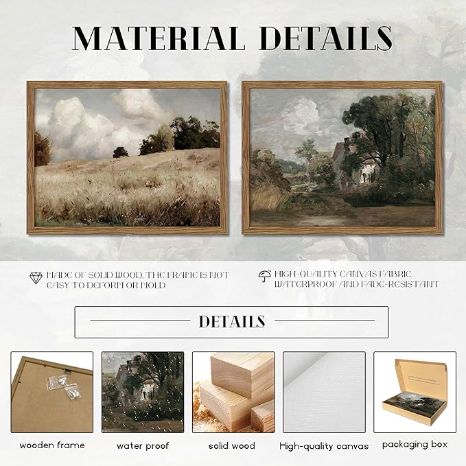 Framed Vintage Landscape Wall Art Set of 2, Rustic Farmhouse Field Canvas Wall Decor Paintings, Retro Nature Country Artwork Prints Pictures for Living Room Bedroom Home Decor 16x24 Inch