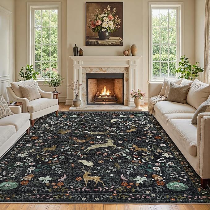 8x10 Area Rugs Washable Rug: Lagre Boho Living Room Rug Soft Non-Slip Thin Carpet Indoor Floor Non-Shedding Neutral Floral Carpets for Bedroom Dining Room Farmhouse Nursery Black