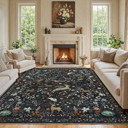 9x12 Area Rugs Washable Rug: Lagre Boho Living Room Rug Soft Non-Slip Thin Carpet Indoor Floor Non-Shedding Neutral Floral Carpets for Bedroom Dining Room Farmhouse Nursery Black
