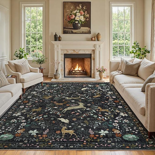 9x12 Area Rugs Washable Rug: Lagre Boho Living Room Rug Soft Non-Slip Thin Carpet Indoor Floor Non-Shedding Neutral Floral Carpets for Bedroom Dining Room Farmhouse Nursery Black