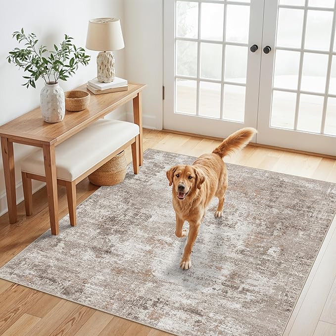 5x5 Square Entryway Rug Washable – Non-Slip Small Area Rug for Kitchen or Bathroom, Soft Low-Pile Indoor Mat, Modern Abstract Thin Door Carpet (Beige Grey)