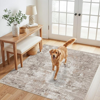 5x5 Square Entryway Rug Washable – Non-Slip Small Area Rug for Kitchen or Bathroom, Soft Low-Pile Indoor Mat, Modern Abstract Thin Door Carpet (Beige Grey)