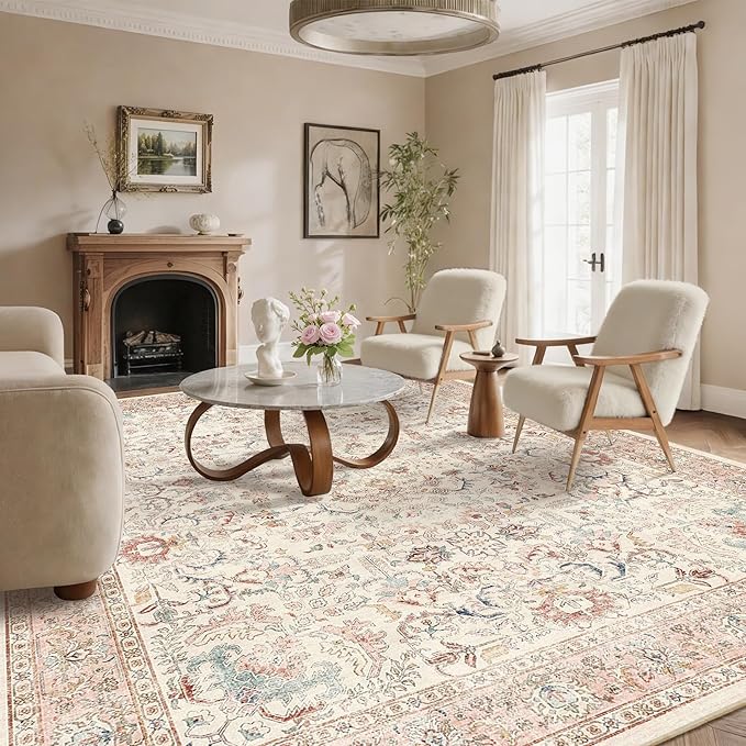 8x10 Pink Washable Area Rugs for Living Room Non Slip Low Pile Vintage Boho Throw Rug Soft Retro Distressed Floral Large Carpet Indoor Farmhouse Decor for Bedroom Dining Room Office Kitchen Playroom