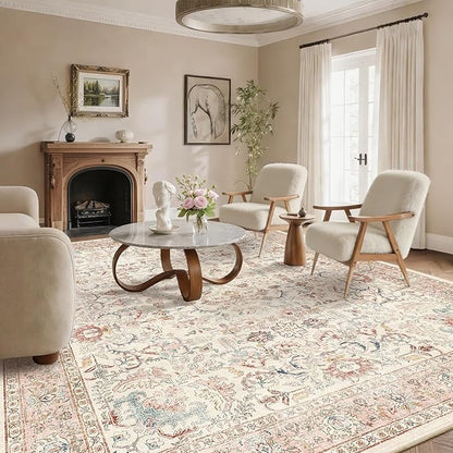 8x10 Pink Washable Area Rugs for Living Room Non Slip Low Pile Vintage Boho Throw Rug Soft Retro Distressed Floral Large Carpet Indoor Farmhouse Decor for Bedroom Dining Room Office Kitchen Playroom