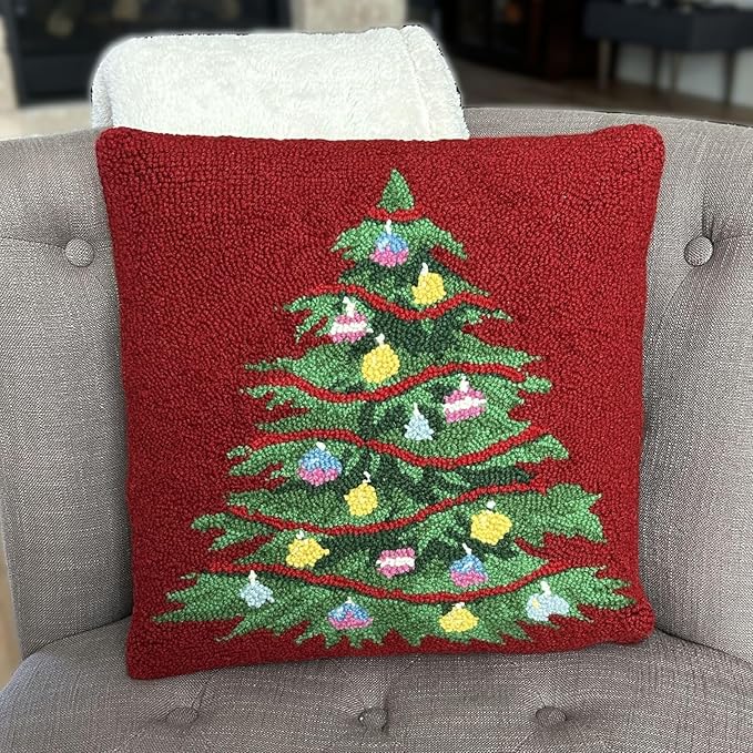 Hand Hooked Christmas Pillow - 16X16 inches Throw Pillow for Couch or Dorm (Tree Ornaments)