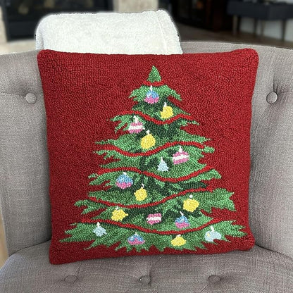 Hand Hooked Christmas Pillow - 16X16 inches Throw Pillow for Couch or Dorm (Tree Ornaments)