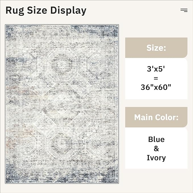 Soalmost 3x5 Rug, Small Area Rug for Kitchen, Entryway, Machine Washable Non-Slip Throw Rug, Vintage Carpet for Nursery Coffee Table Blue Ivory