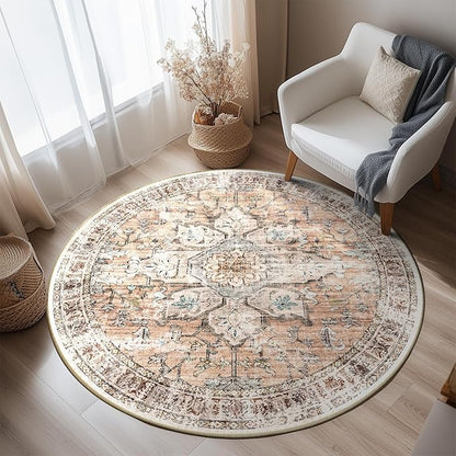 BESTSWEETIE 8ft Area Rug Washable Rugs for Living Room, No Pile Boho Carpet for Entryway Bedroom Dinning Room, Vintage Carpet Print Distressed Non-Slip, 96" Round, Orange Pink Brown Earth Tones