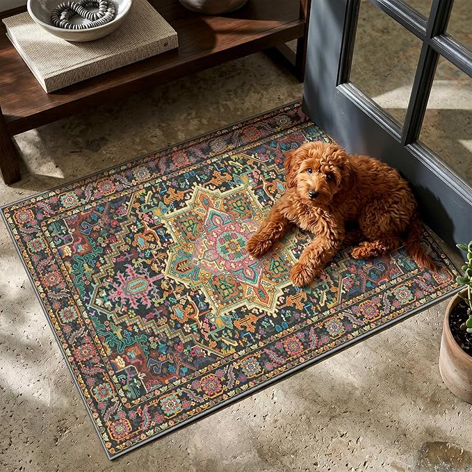 2x3 Washable Small Front Door Black and Pink with Vintage Orient Design, Soft Rug for Entryway or Kitchen, Non-Slip Low Pile Stain Resistance Features, Distressed Medallion Pattern