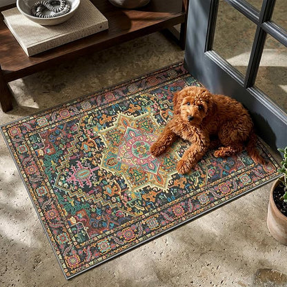 2x3 Washable Small Front Door Black and Pink with Vintage Orient Design, Soft Rug for Entryway or Kitchen, Non-Slip Low Pile Stain Resistance Features, Distressed Medallion Pattern
