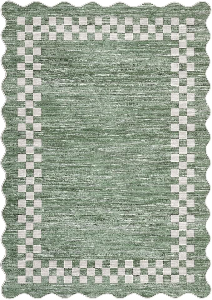 Small Area Rug 2x3 Modern Checkered Entry Rug Solid Color Scalloped Kitchen Rugs Washable Bedroom Doormat Non Slip Stain Resistant Bordered Throw Carpet for Living Room Nursery Laundry, Green