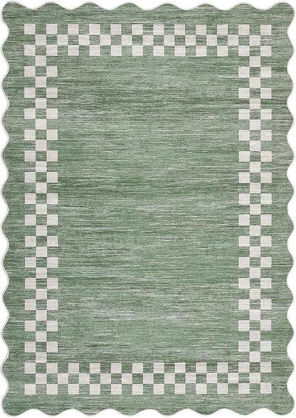 Small Area Rug 2x3 Modern Checkered Entry Rug Solid Color Scalloped Kitchen Rugs Washable Bedroom Doormat Non Slip Stain Resistant Bordered Throw Carpet for Living Room Nursery Laundry, Green