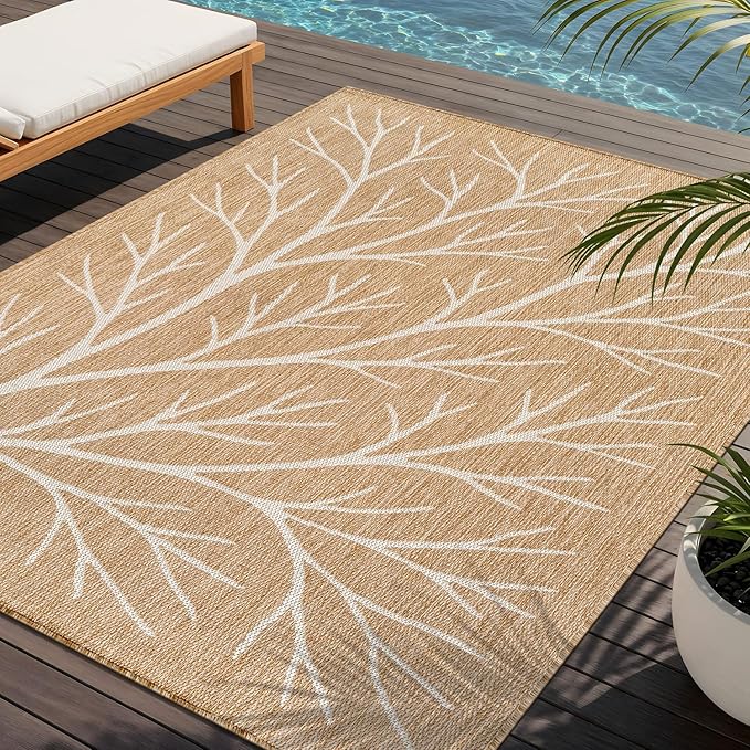 Washable Indoor Outdoor Rug 5x7 Modern Area Rugs Branch Pattern Non Shedding Waterproof Easy Clean Patio Deck Porch Living Room Bedroom Garden RV (5 X 7 Natural)