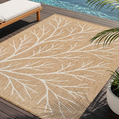 Washable Indoor Outdoor Rug 5x7 Modern Area Rugs Branch Pattern Non Shedding Waterproof Easy Clean Patio Deck Porch Living Room Bedroom Garden RV (5 X 7 Natural)