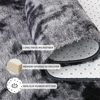 Tepook Fluffy Runner Rugs for Bedroom Aesthetic 2x6 Feet, Shag Soft Bedside Rug with Non-Slip Bottom, Fuzzy Plush Carpet for Room, Hallway Rug for Nursery Dorm Indoor Home Decor, Tie-dye Dark Grey