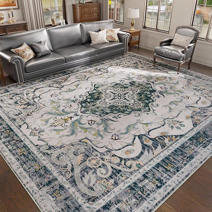 RUSHUFFY 6x9 Washable Area Rugs for Living Room, Non-Slip Boho Vintage Traditional Medallion Print Pattern Carpet for Bedroom Dining Room Farmhouse Nursery Room, Grey White