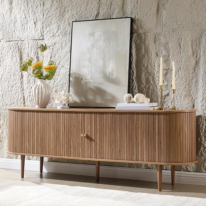 AMERLIFE 70" Mid-Century Modern TV Stand, TV Console Table for TVs up to 80 Inch, Fluted Wood Media Console with Storage, Solid Wood Legs, Walnut
